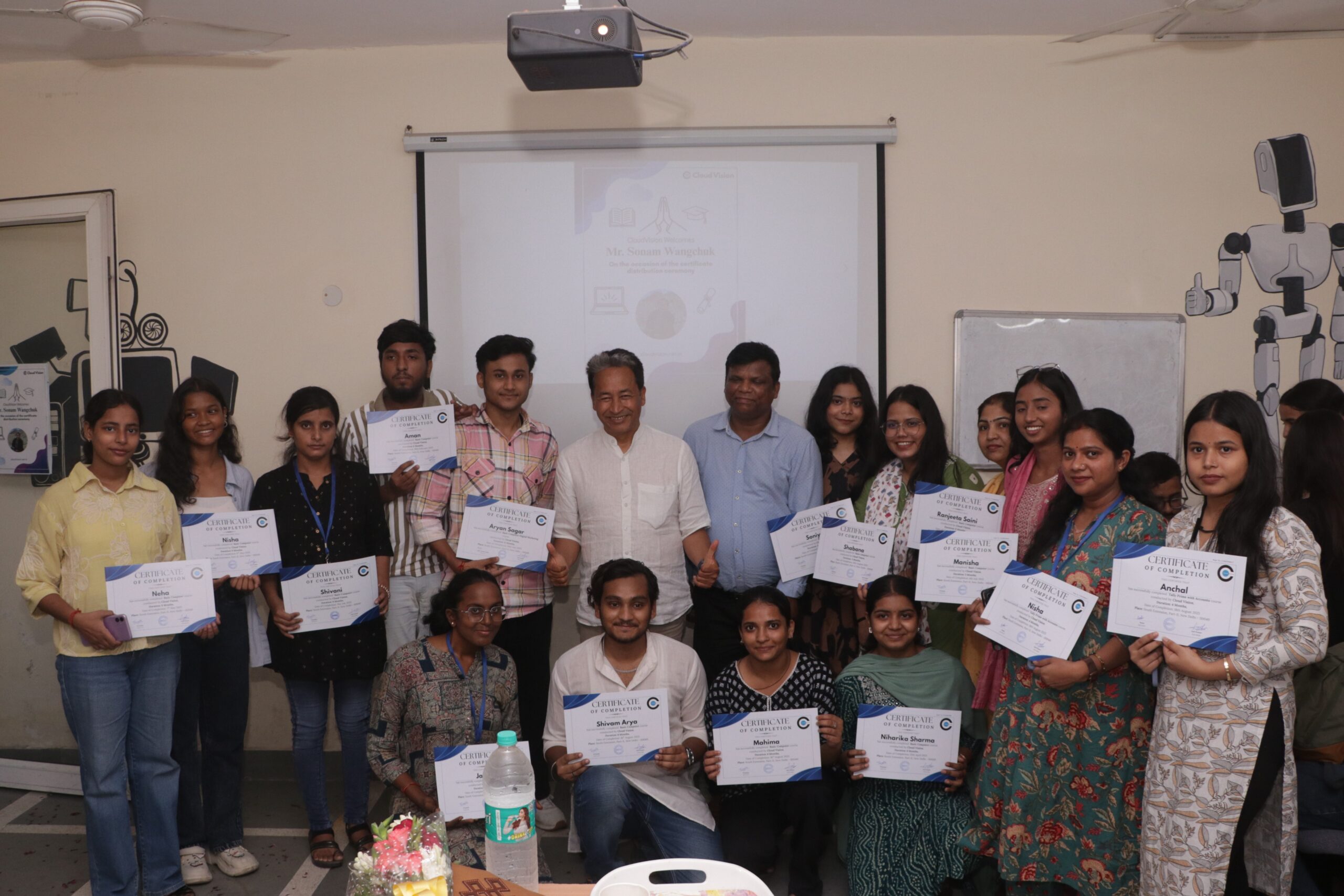 Certificate Distribution by Mr. Sonam Wanchuk to Cloud Vision students – celebrating achievement in computer education.